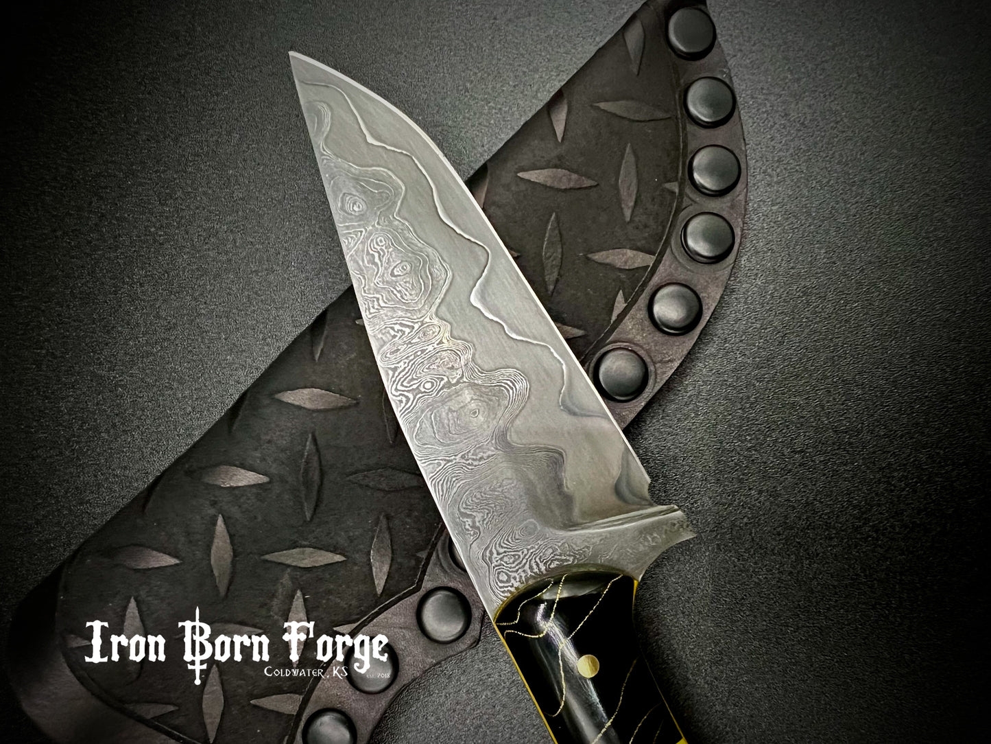 Damascus cladded drop point