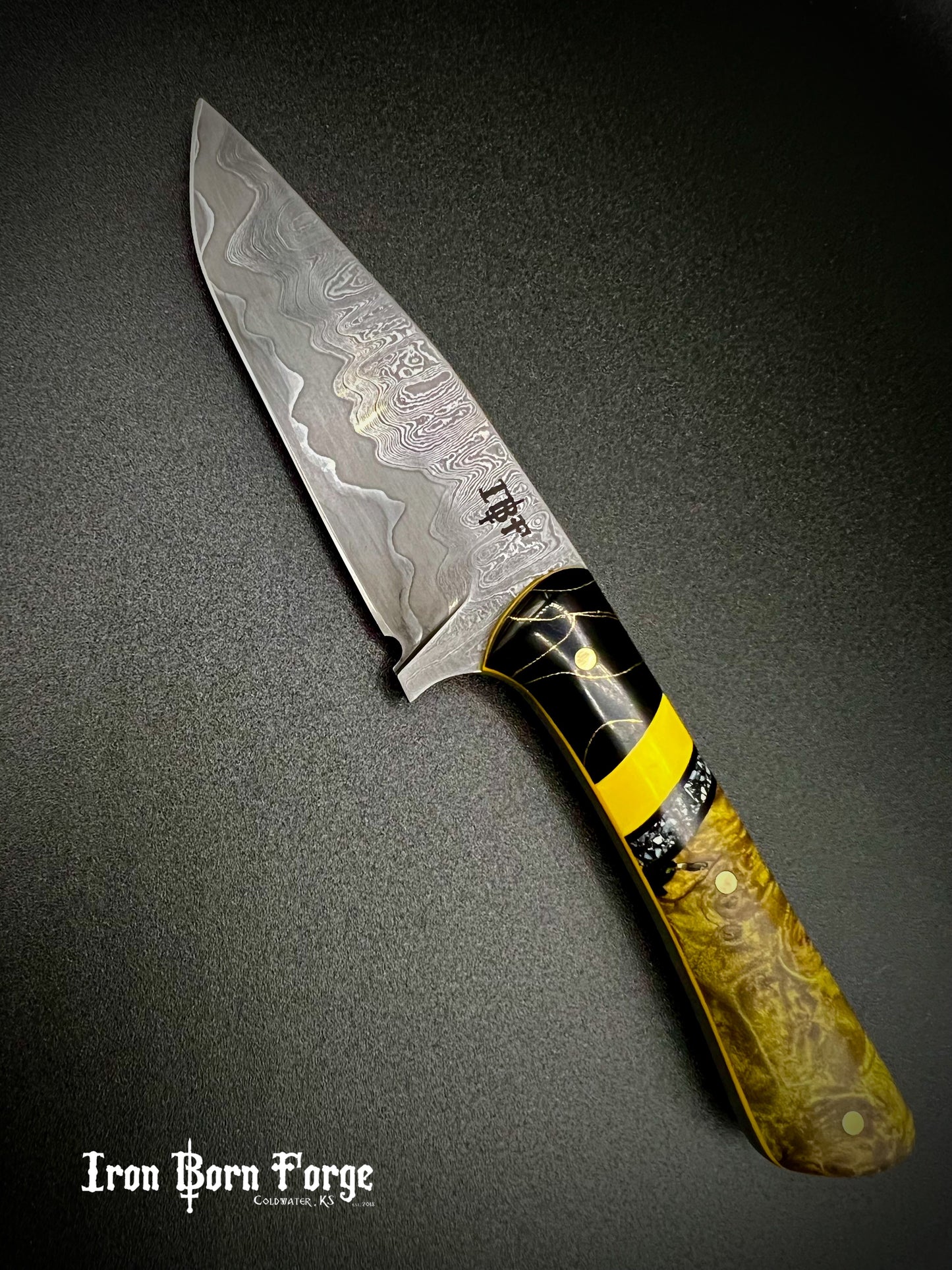 Damascus cladded drop point