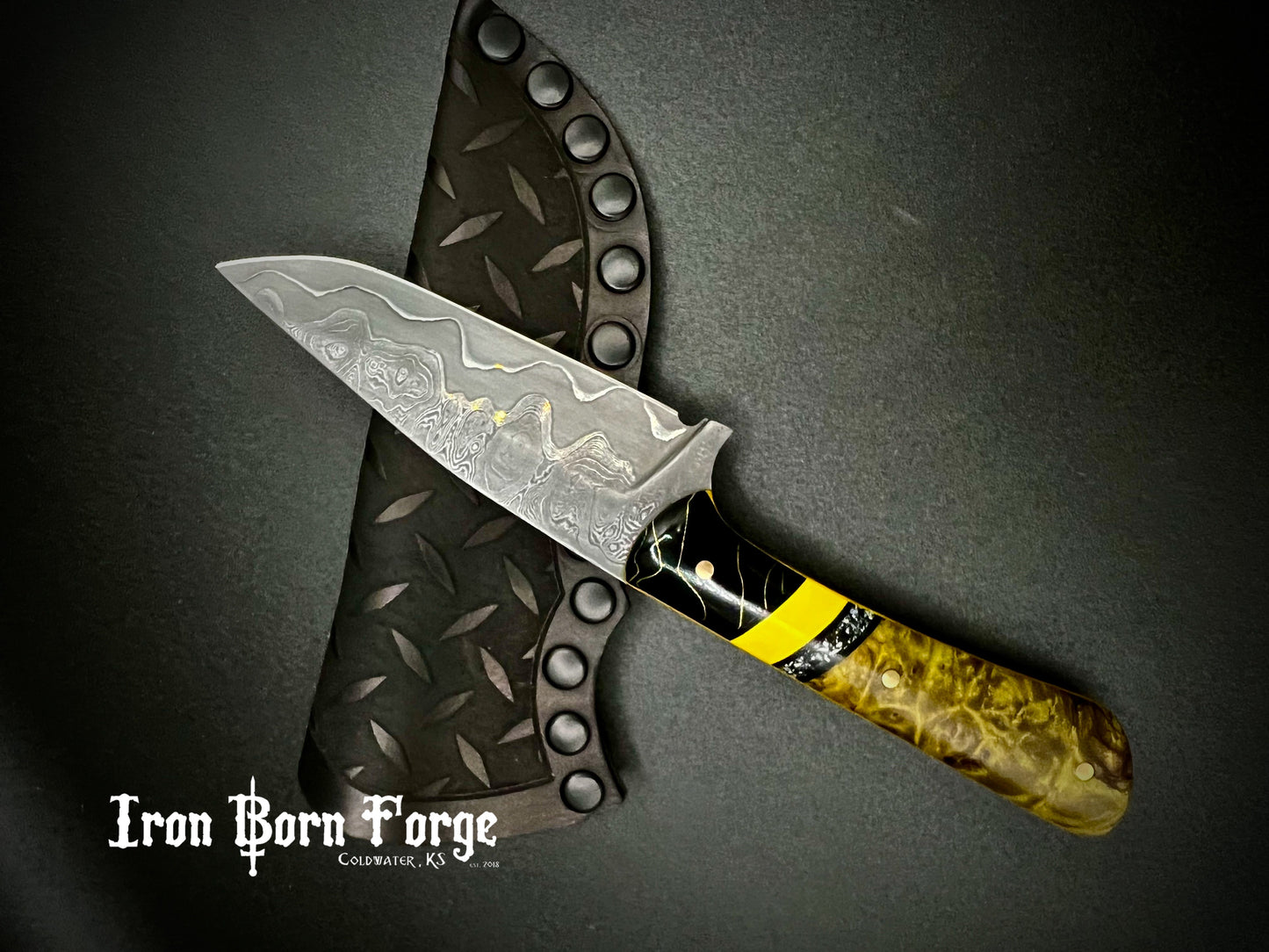 Damascus cladded drop point